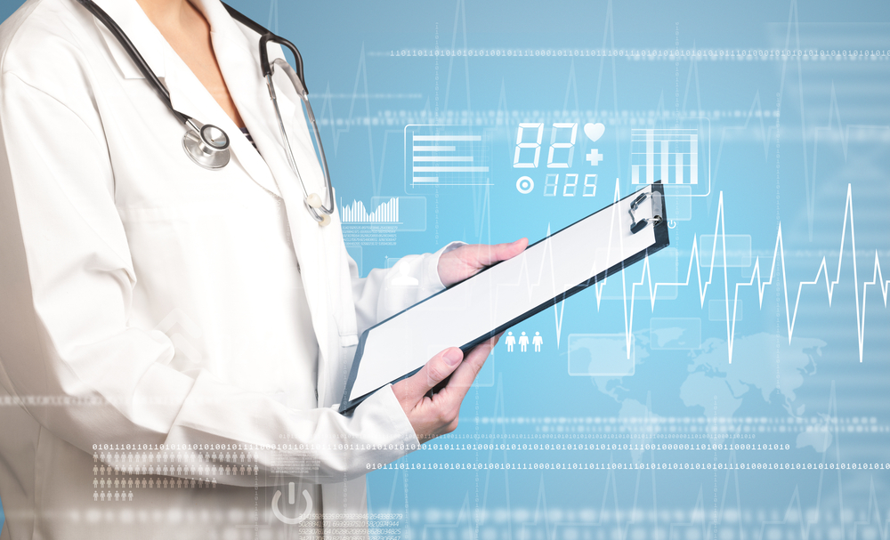 Female doctor holding notepad with blue background and heart related charts